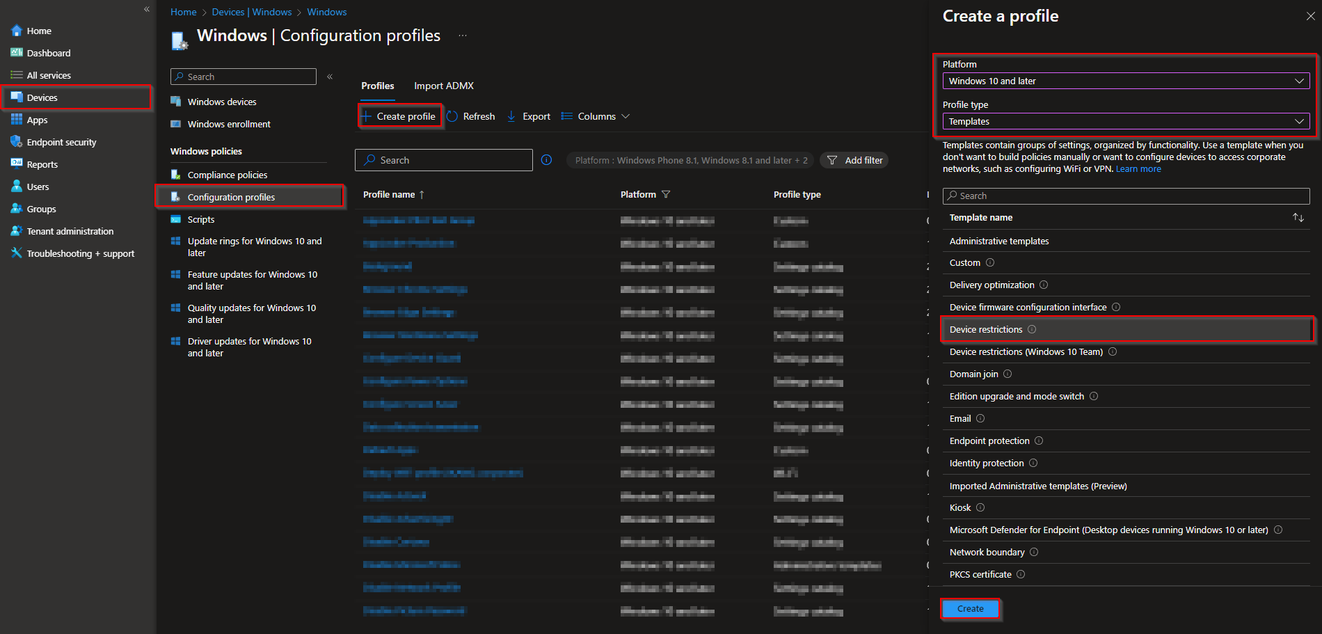 Creating a configuration profile and selecting Device restrictions template